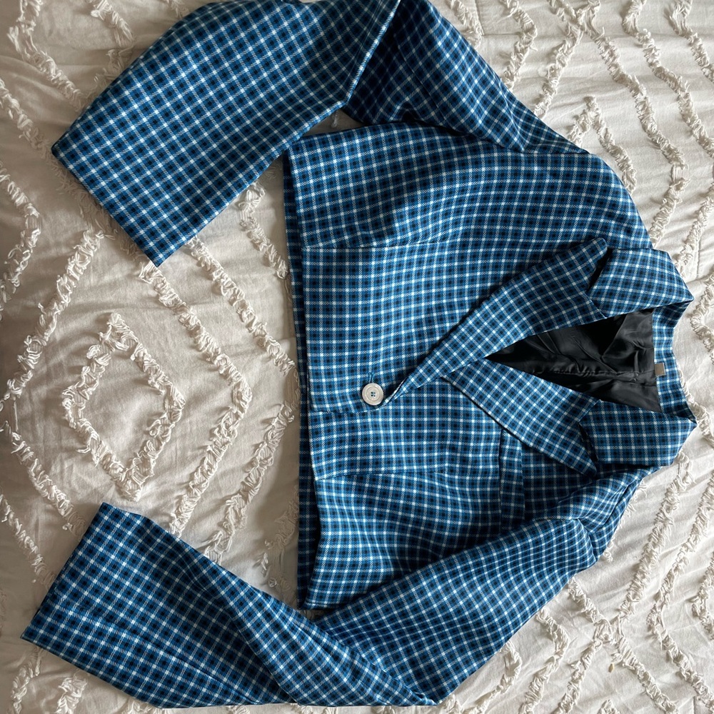 Plaid single bottom blue crop blazer
